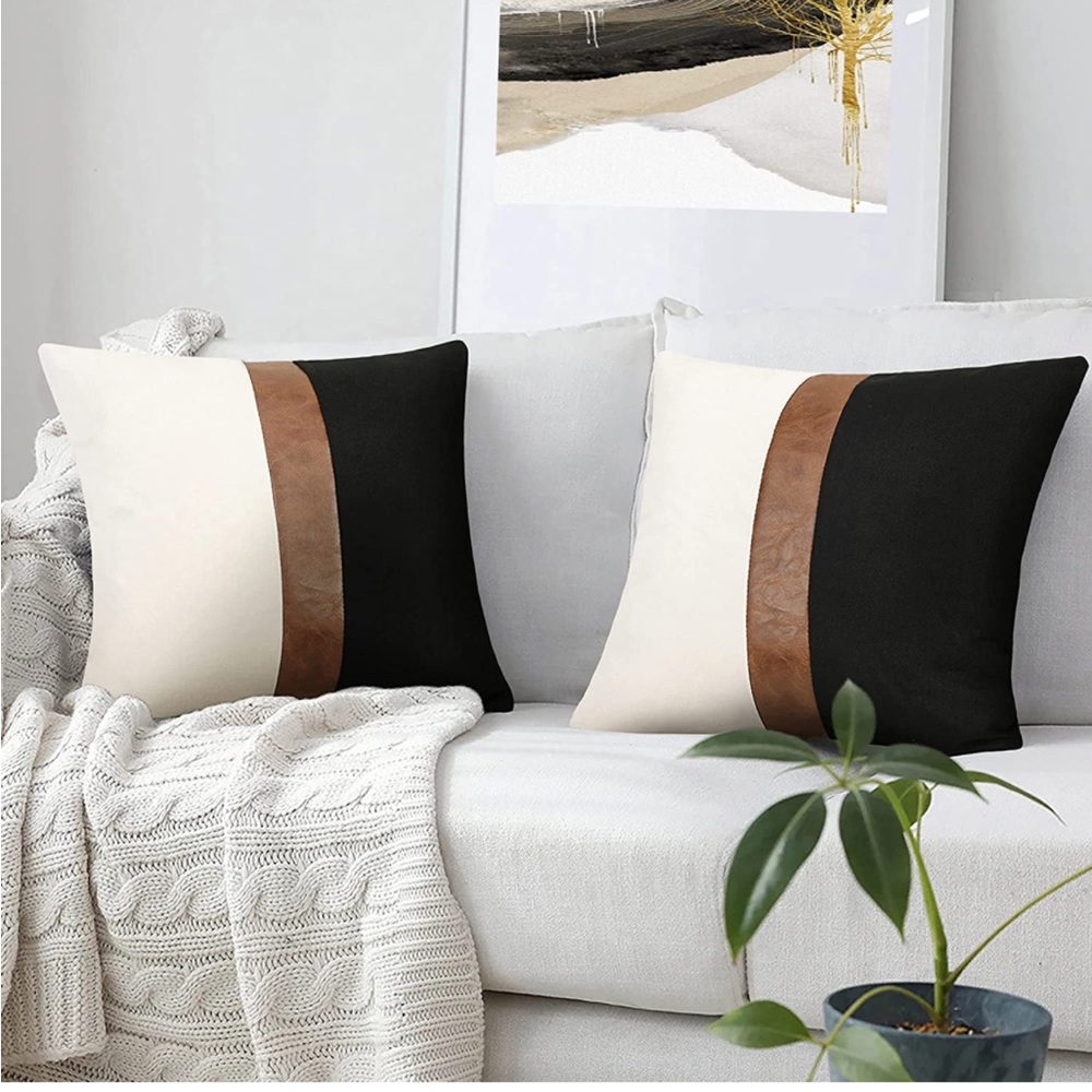 Modern Faux Leather and Linen 20x20” Pillow Cover - Set of 2
